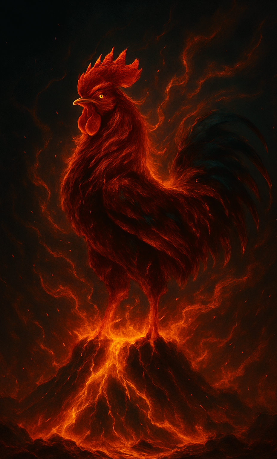 Fiery crimson rooster standing atop an erupting volcano, glowing with intense flames and power — symbolizing vitality, dominance, and raw masculine energy.